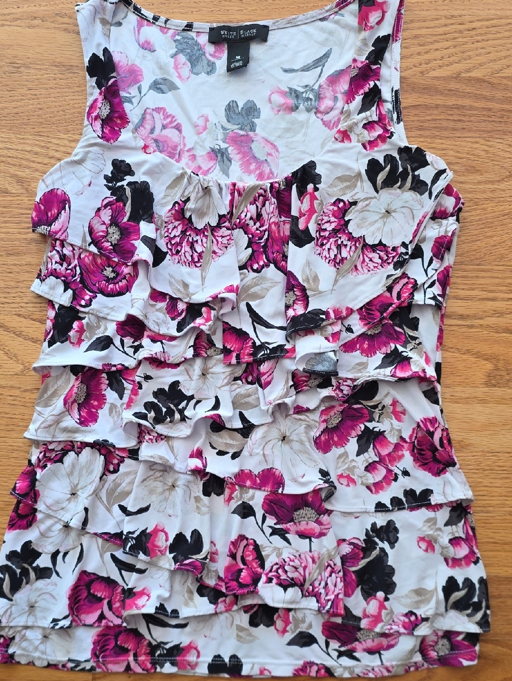 White House Black Market Cream Top with Pink & Black Floral Print